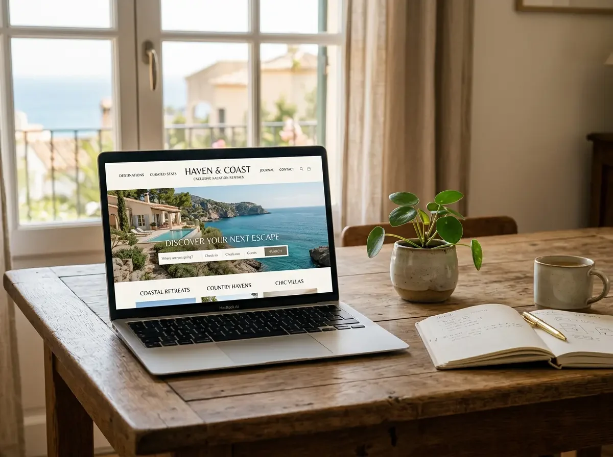Laptop displaying a vacation rental website homepage with a booking search bar, resting on a wooden desk with a plant, coffee, and notebook nearby.