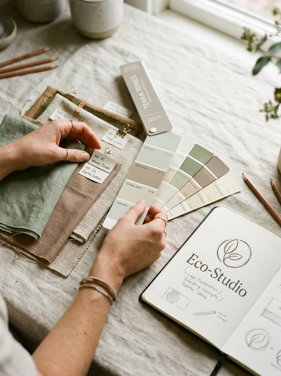 Hands arranging labeled fabric swatches and a paint fan deck beside a notebook sketching a logo concept, representing the Full Brand & Build service.