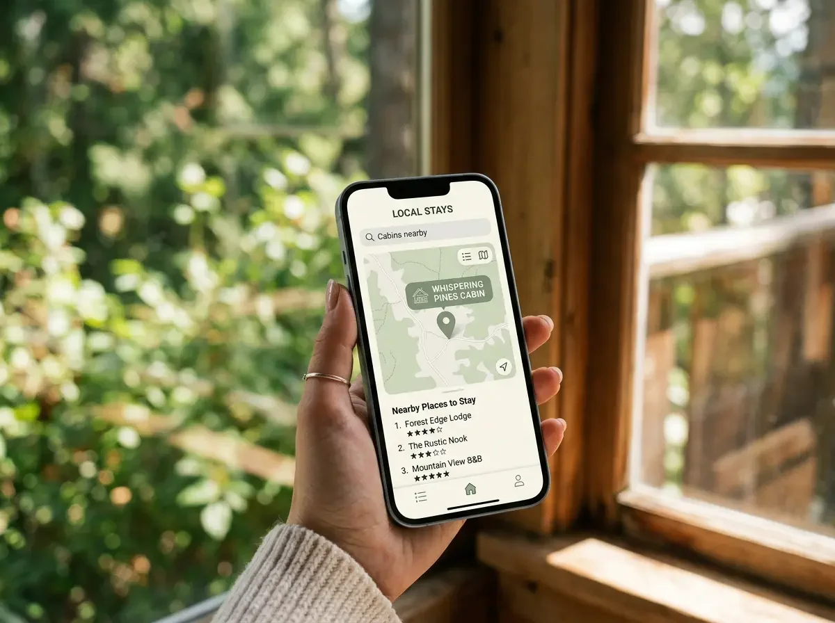 Hand holding a smartphone showing a local search app with nearby cabin stays and star ratings, framed by a rustic cabin window, representing the Visibility Setup service.
