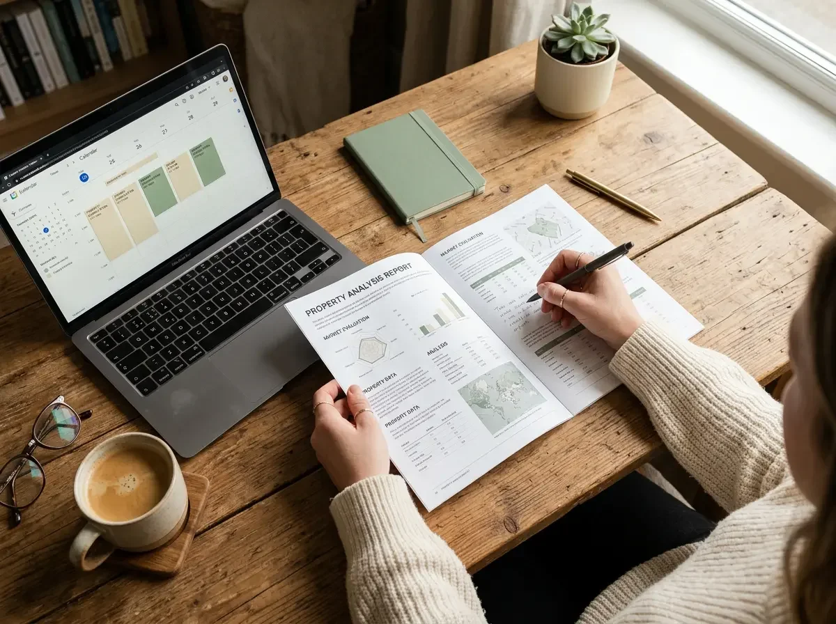 Property analysis report open on a desk beside a laptop showing a booking calendar, with a coffee and notebook nearby, representing the STR Starter Audit service.