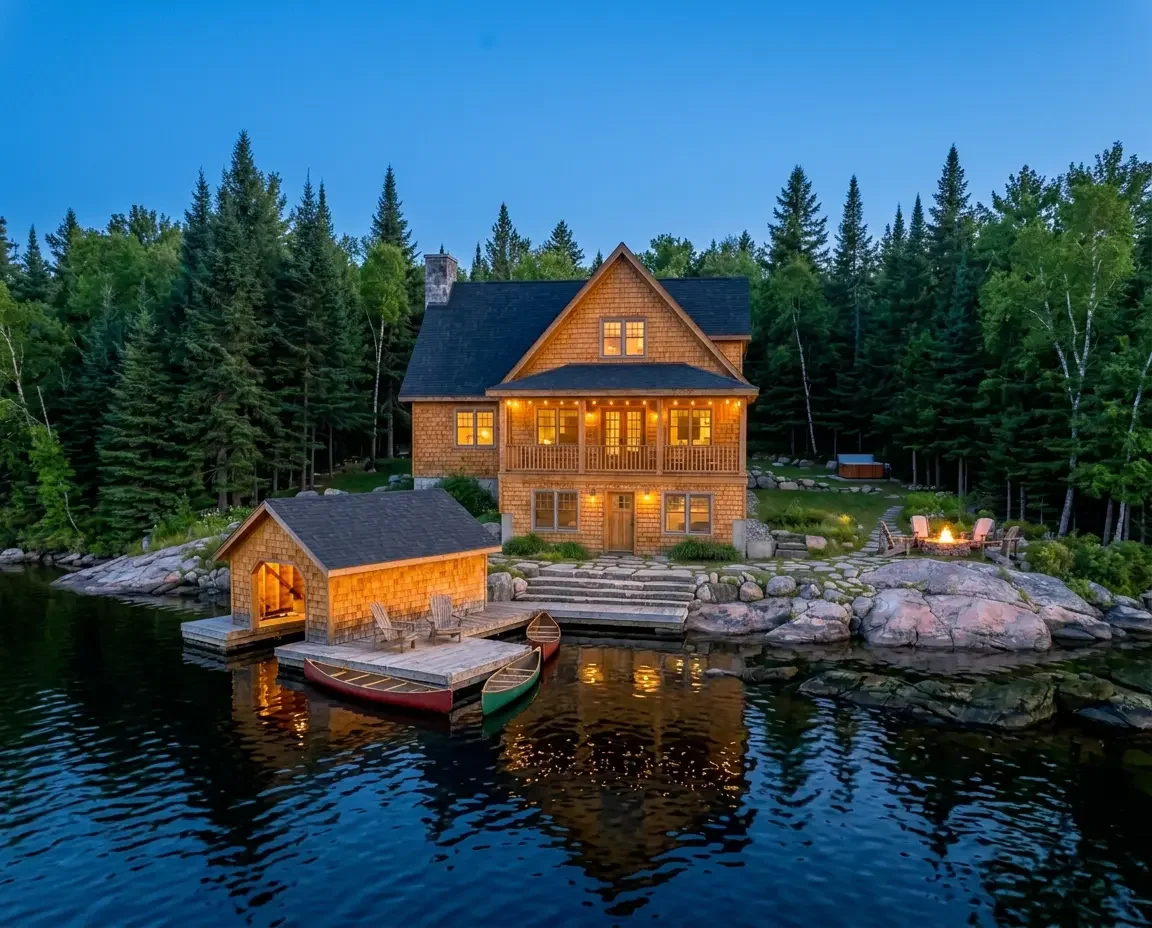 Two-storey cedar-shingled lake house lit up at dusk, with a lit boathouse and moored canoes on the shoreline below.
