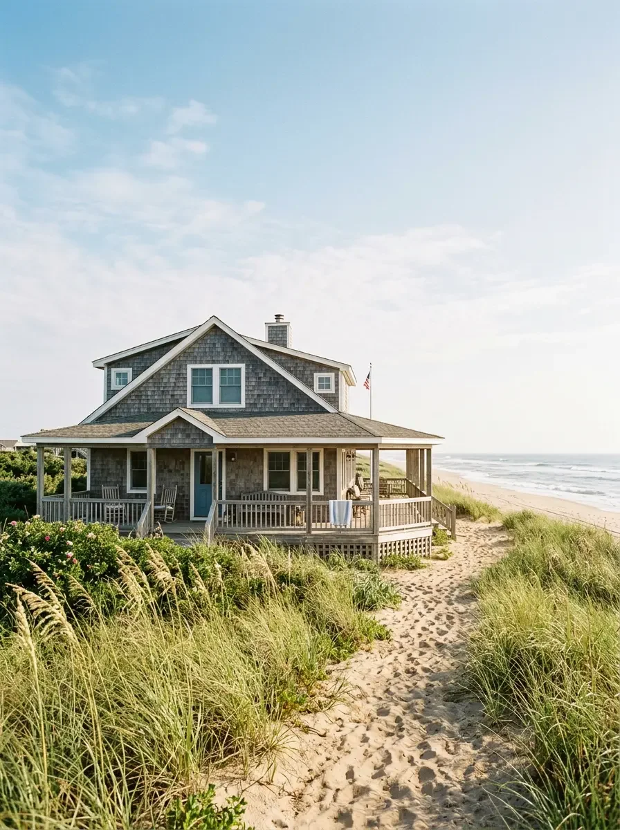Weathered shingle beach house with a wraparound porch, seen through dune grass along a sandy path to the ocean, on the Outer Banks.