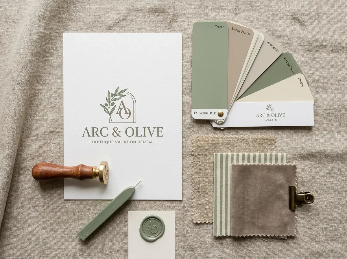 Flat lay of boutique vacation rental brand identity materials — a logo card, wax seal, paint swatches, and fabric samples in sage and warm taupe tones, representing the Full Brand & Build service.