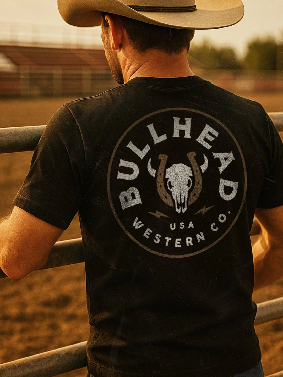 Bullhead Western Co bull skull circular logo on back of shirt