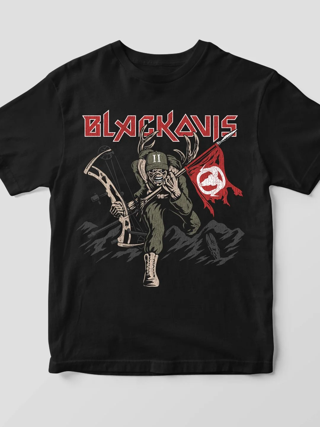 Black t-shirt mockup featuring custom BlackOvis bowhunting graphic inspired by vintage concert merchandise.