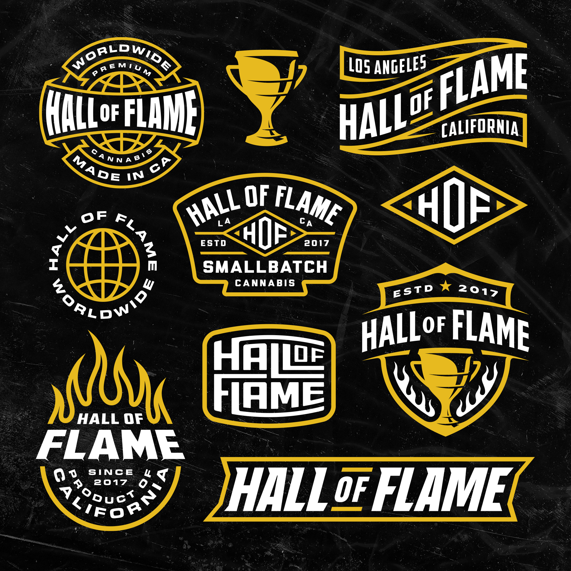 Collection of Hall of Flame cannabis logos featuring badge logos, icon marks, monograms, custom typography, and brand identity concepts.