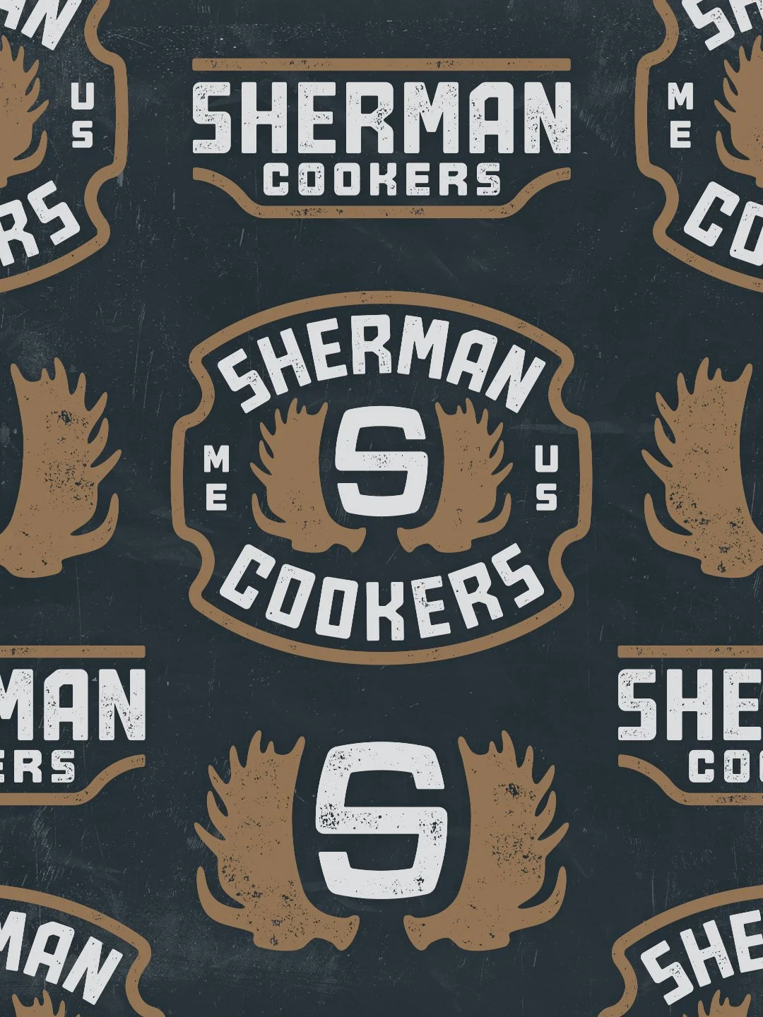 Pattern featuring Sherman Cookers logo suite and antler icons