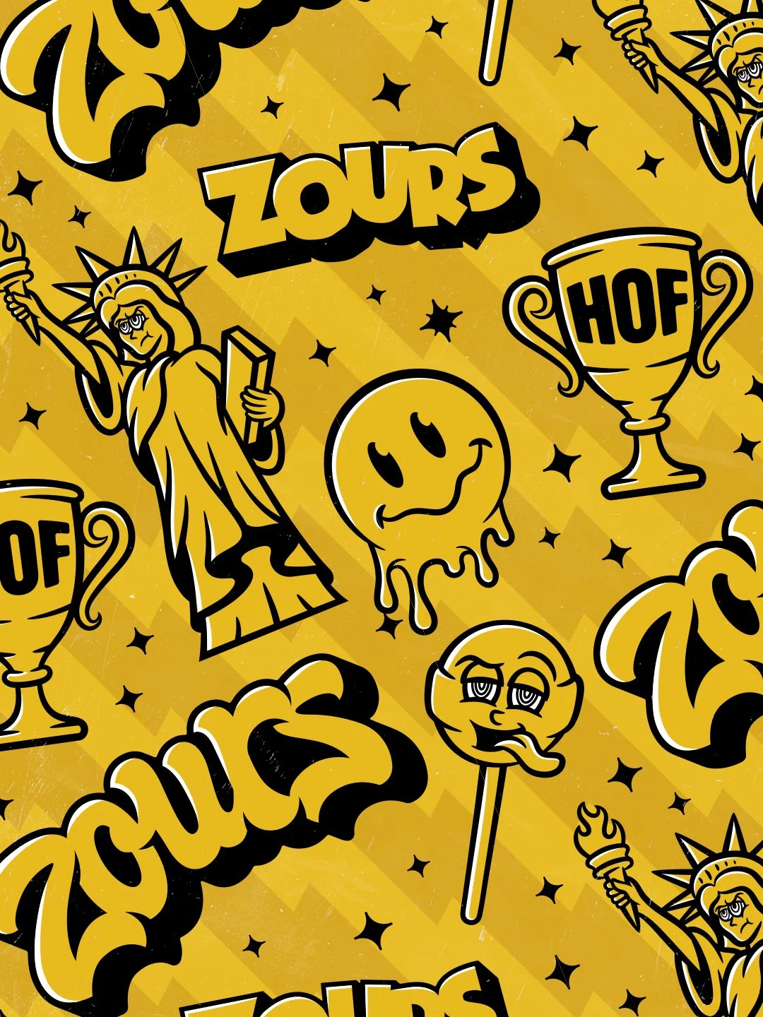 Playful cannabis branding pattern for Zours featuring mascot illustrations, trophies, icons, and custom graphics.