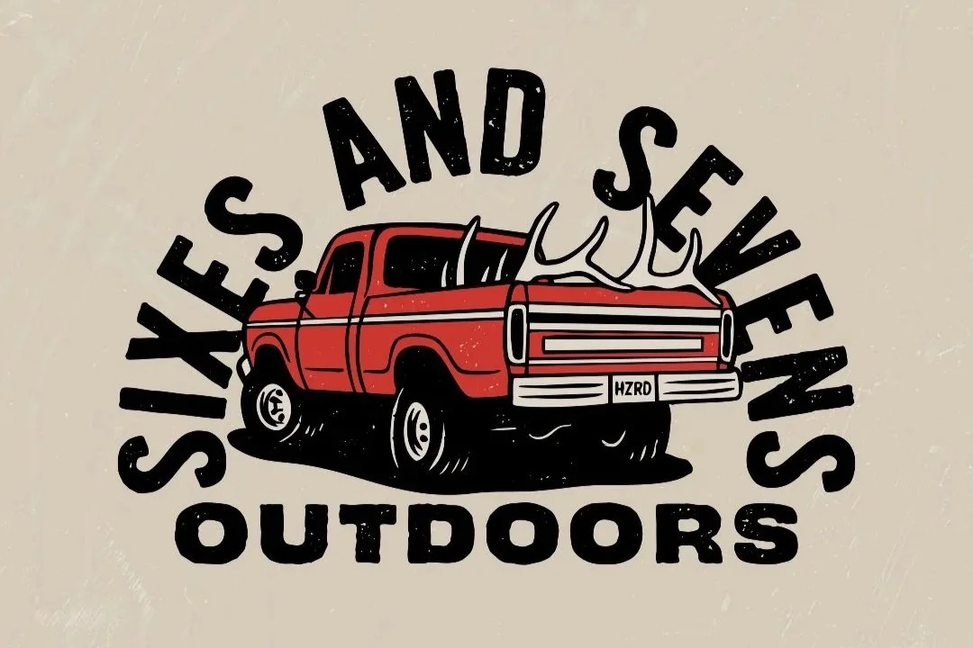 Vintage hunting apparel graphic featuring a classic pickup truck carrying a bull elk rack for Sixes and Sevens Outdoors.