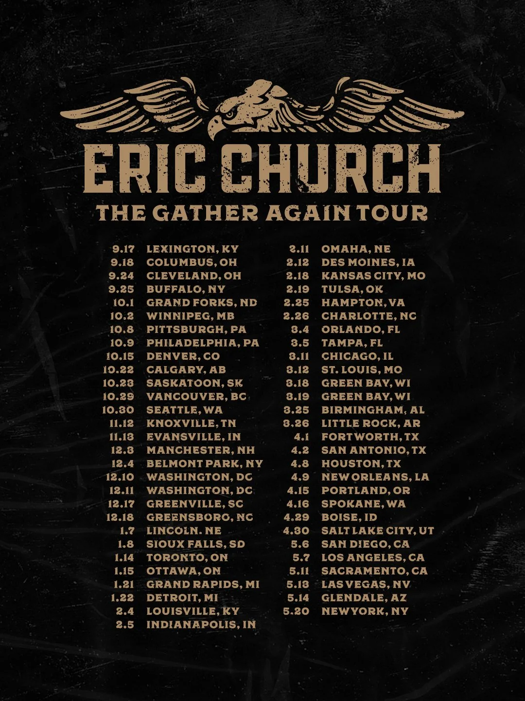 Eric Church Gather Again Tour dates poster design with eagle and vintage typography by Dristy Design