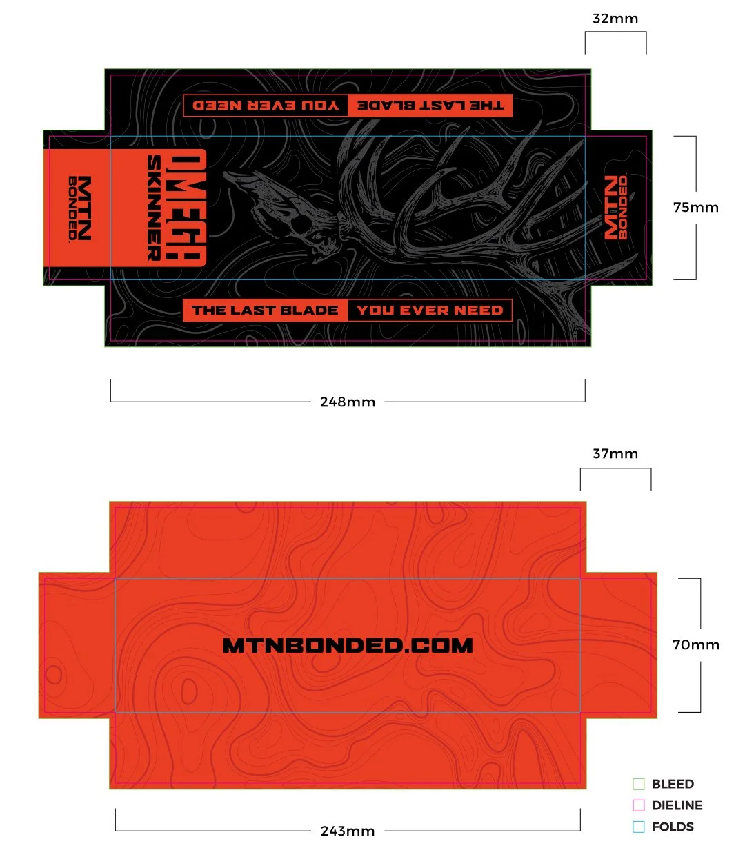 Packaging dieline design for the MTN Bonded Omega Skinner hunting knife featuring custom illustration, typography, and retail packaging layout.