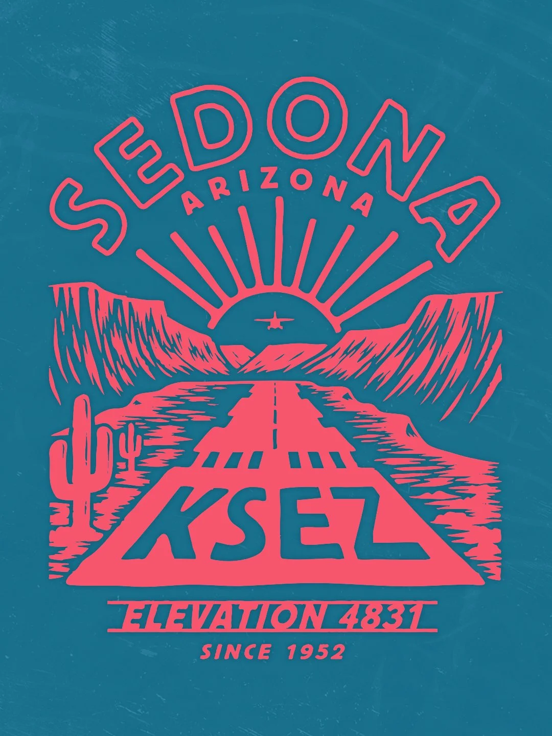 Sedona airport apparel graphic featuring runway illustration, desert landscape, aircraft silhouette, and custom typography.
