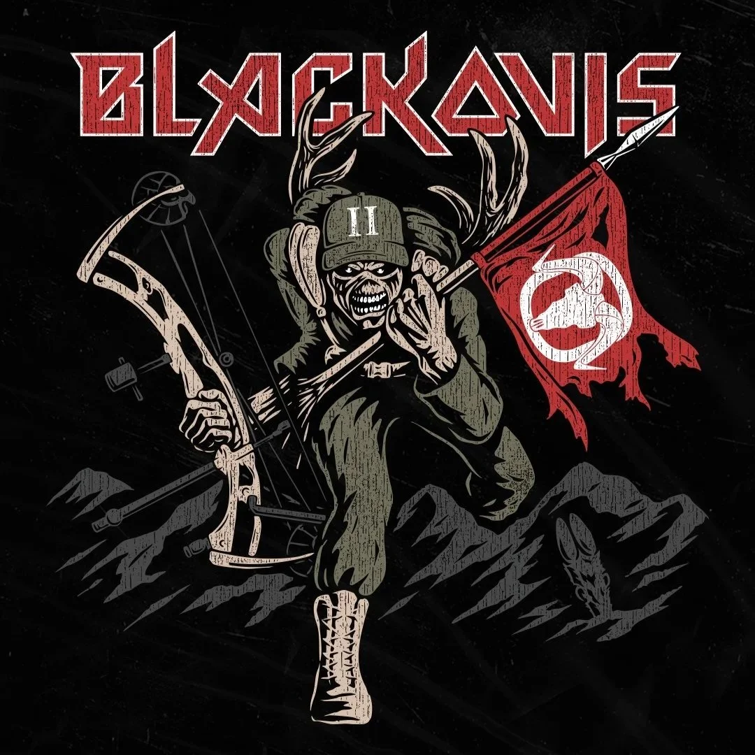 Full custom apparel graphic featuring heavy metal inspired typography and bowhunter illustration for BlackOvis.