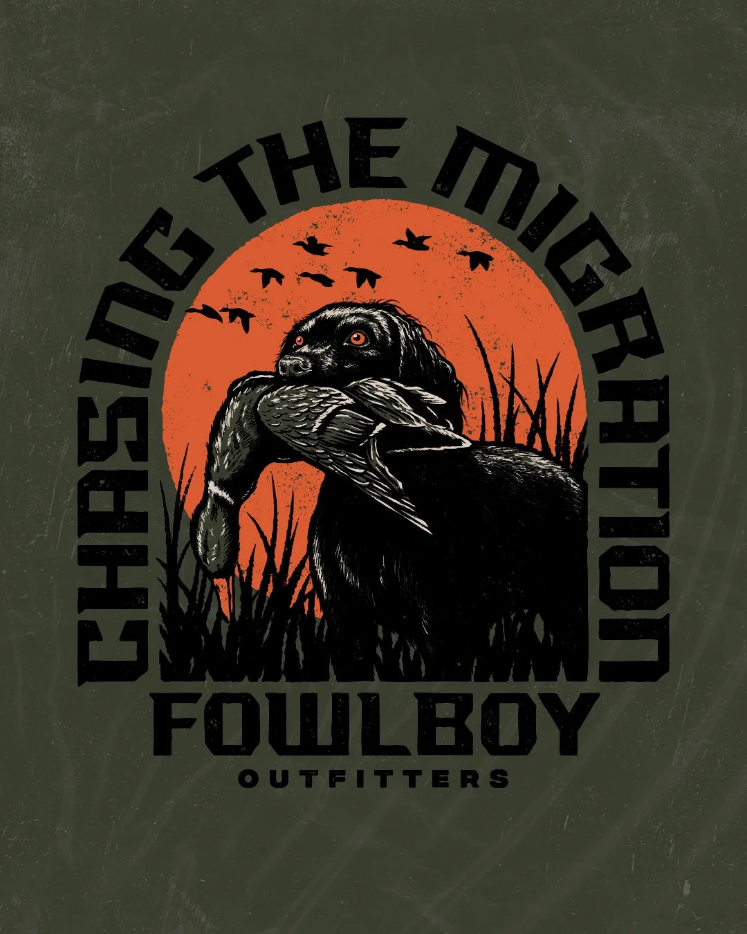 Duck hunting apparel graphic featuring a retriever carrying a duck with waterfowl silhouettes and marsh grass illustration.