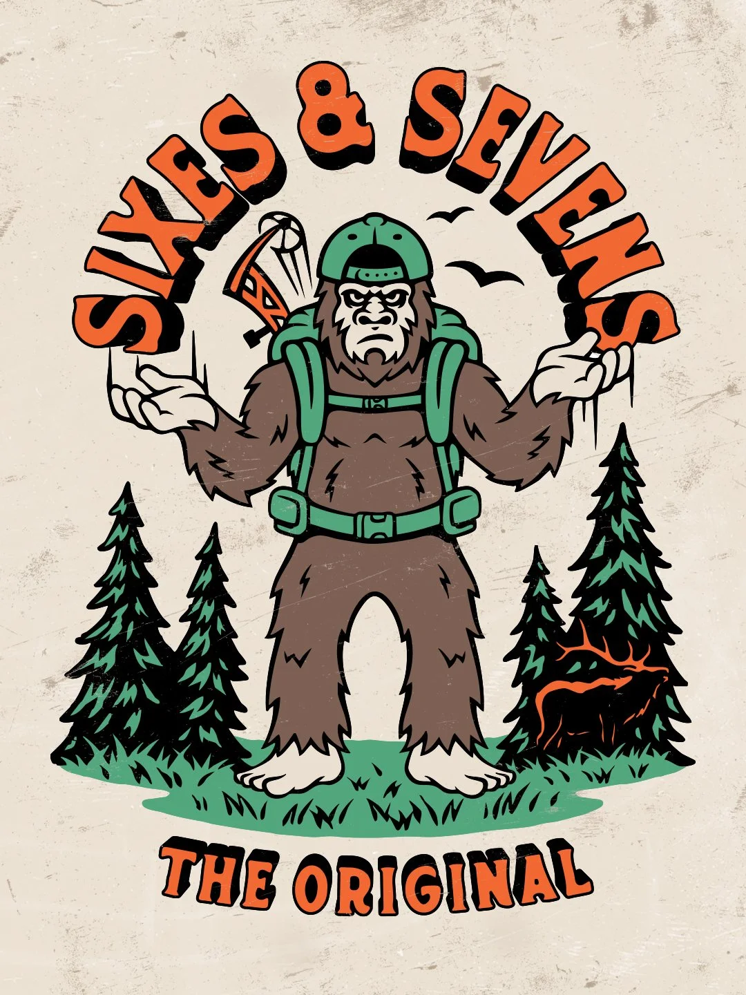 Hand illustrated Sasquatch hunting apparel graphic searching for a mature bull elk in a forest setting.