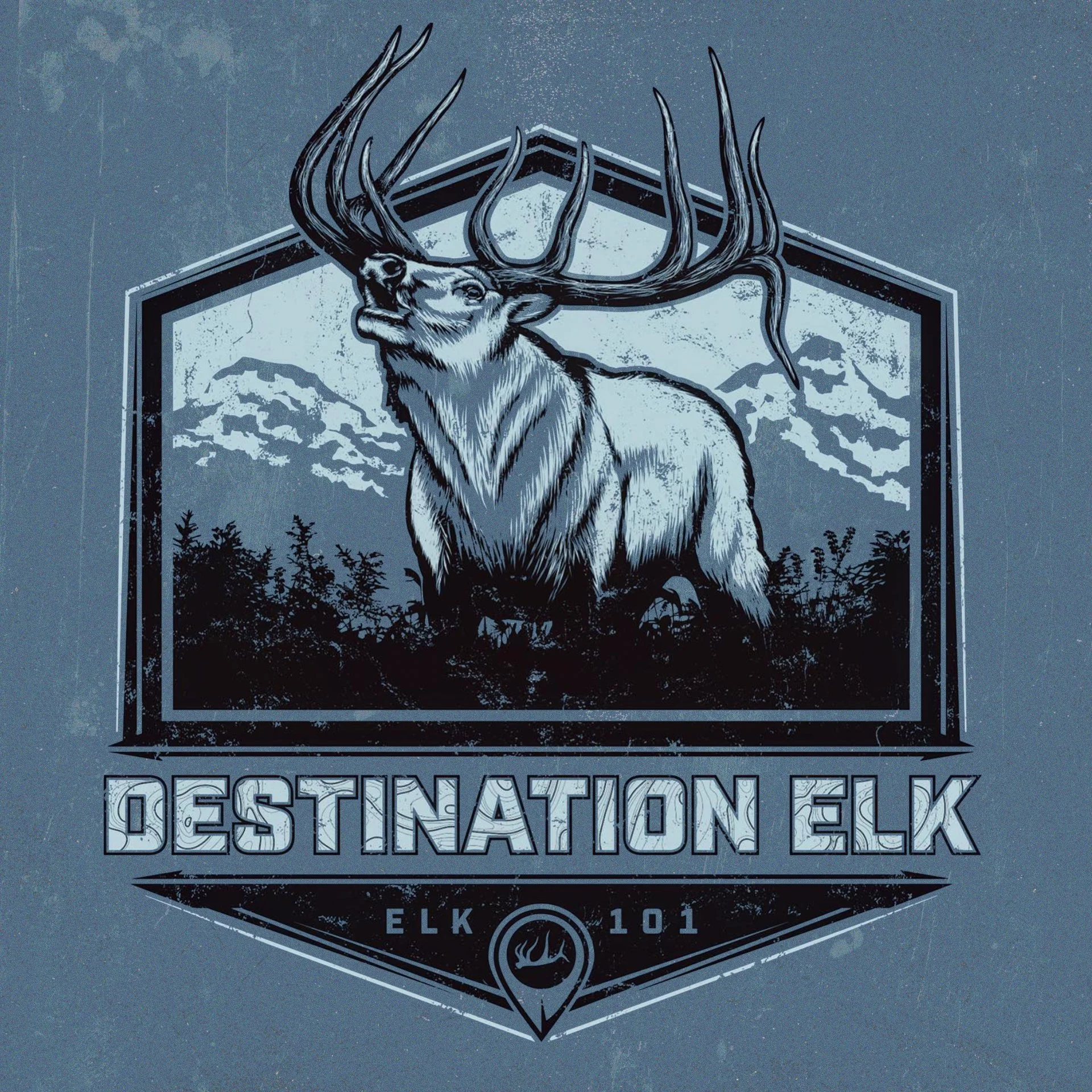 Illustrated elk apparel graphic for Destination Elk Season 1 by Elk101 featuring a mountain backdrop.
