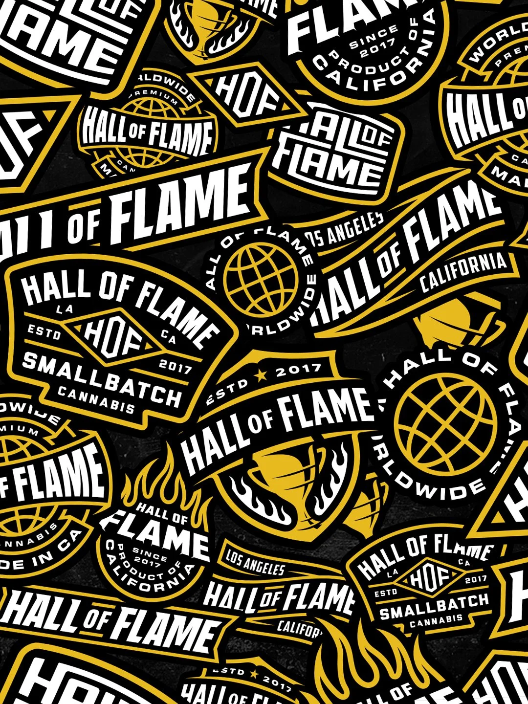 Hall of Flame cannabis branding pattern featuring custom logos, badges, icons, and graphic assets used across packaging and merchandise.