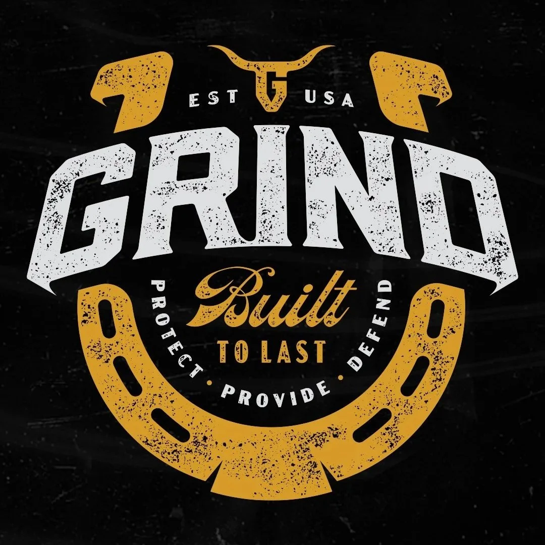 Blue-collar apparel graphic for The Grind Athletics featuring custom typography and horseshoe illustration for merch apparel.