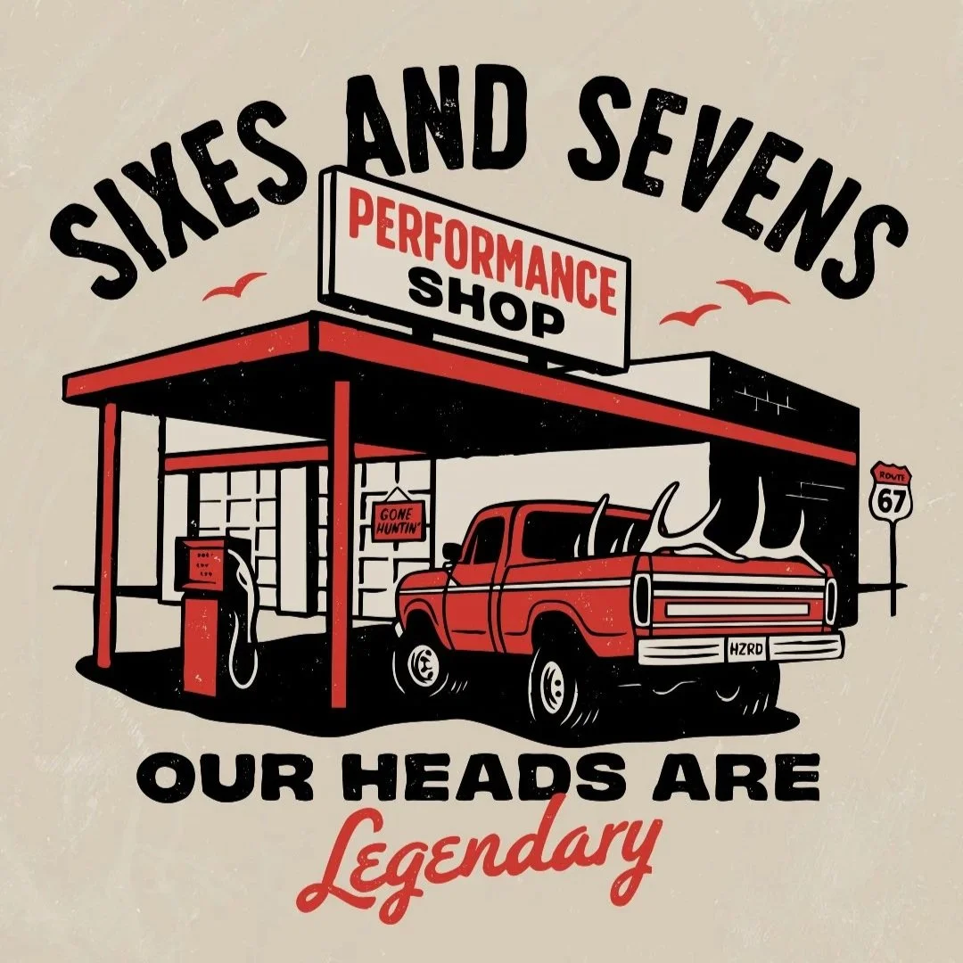 Custom hunting apparel design featuring a vintage gas station, classic truck, and elk antlers for Sixes and Sevens Outdoors.