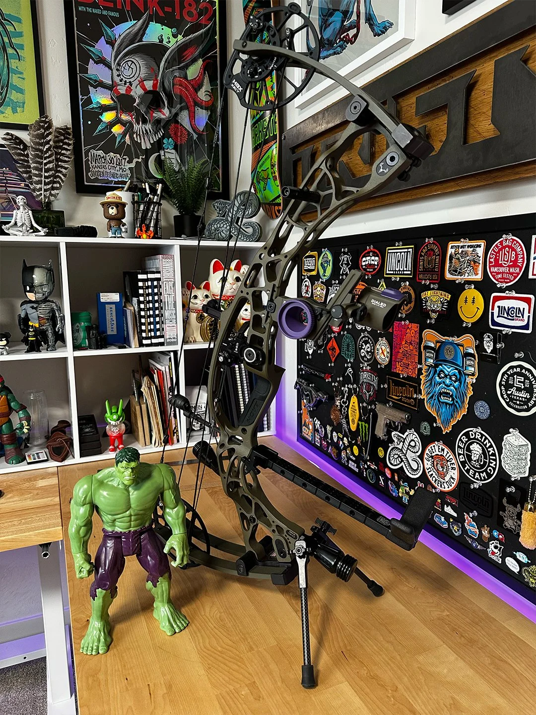 Hoyt bow with Mule Stabilizer installed in artist’s studio