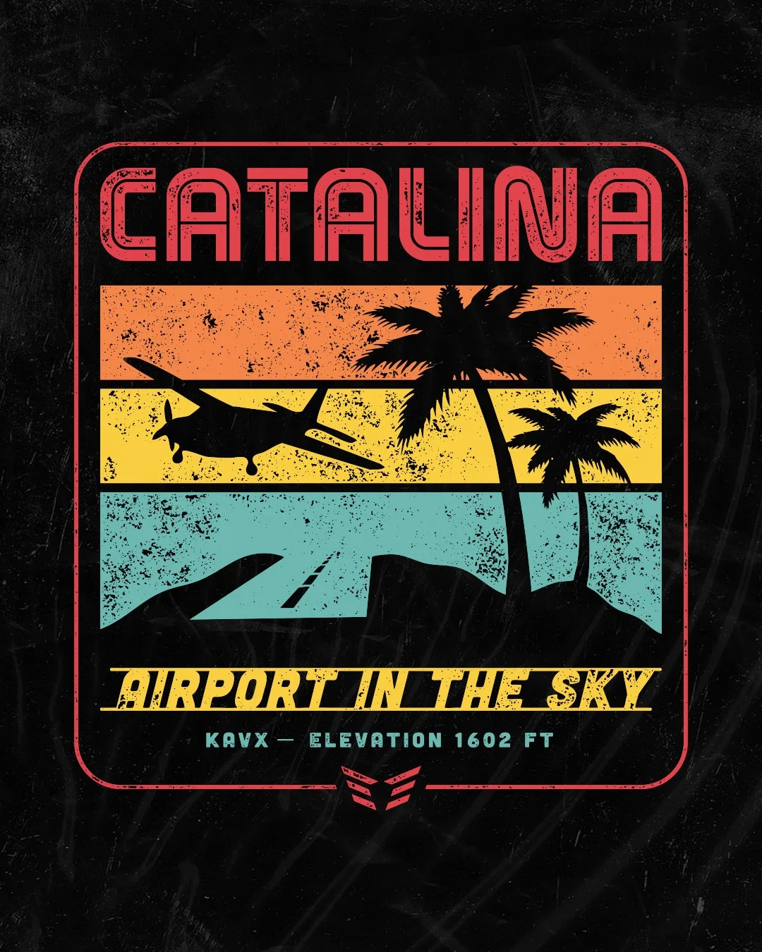 Vintage-inspired aviation apparel graphic featuring Catalina Airport in the Sky with aircraft silhouette, runway illustration, and retro travel colors.