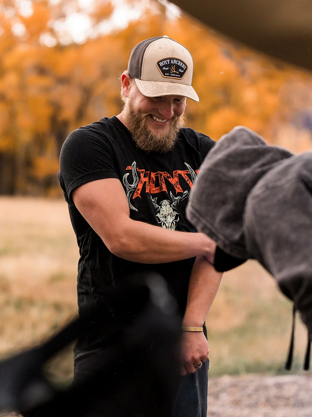 Bowhunter wearing the Hoyt Archery Deer Slayer t-shirt outdoors