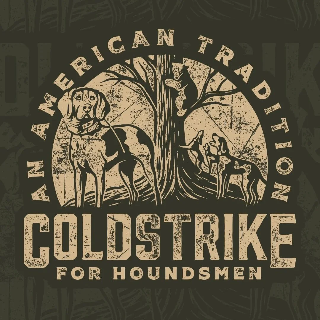 Custom illustrated hunting apparel graphic showing hounds treeing a bear designed for outdoor hunting merch.