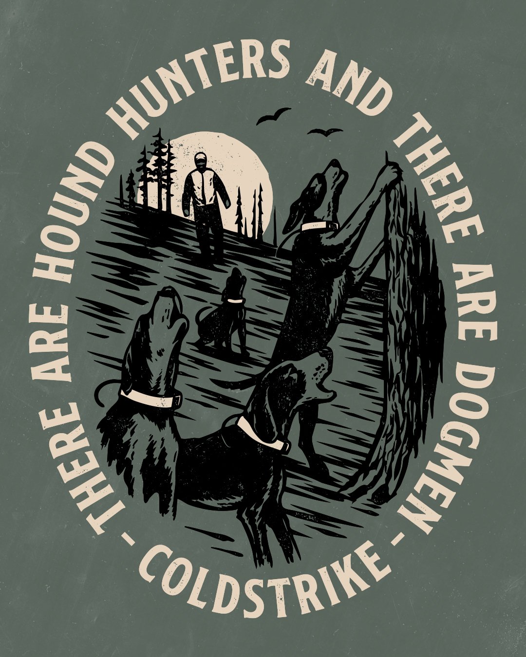 Vintage-style hunting shirt design featuring treeing hounds and outdoor illustration artwork for Coldstrike.