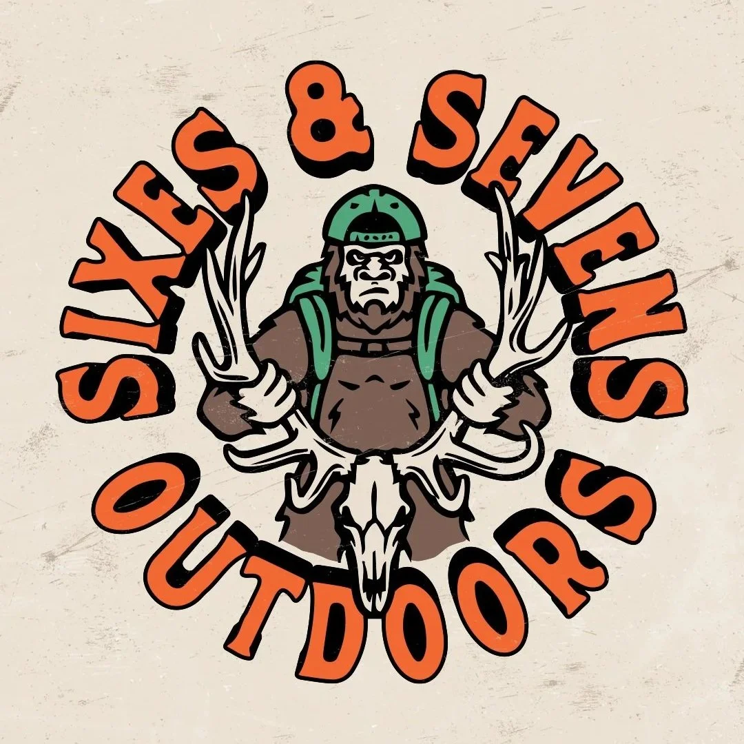 Custom Sasquatch hunting illustration holding a large elk skull for Sixes and Sevens Outdoors apparel.