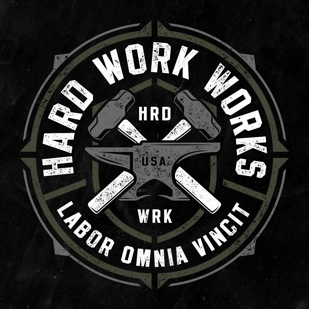Blue-collar apparel design featuring anvil illustration, badge layout, and distressed typography for workwear apparel.
