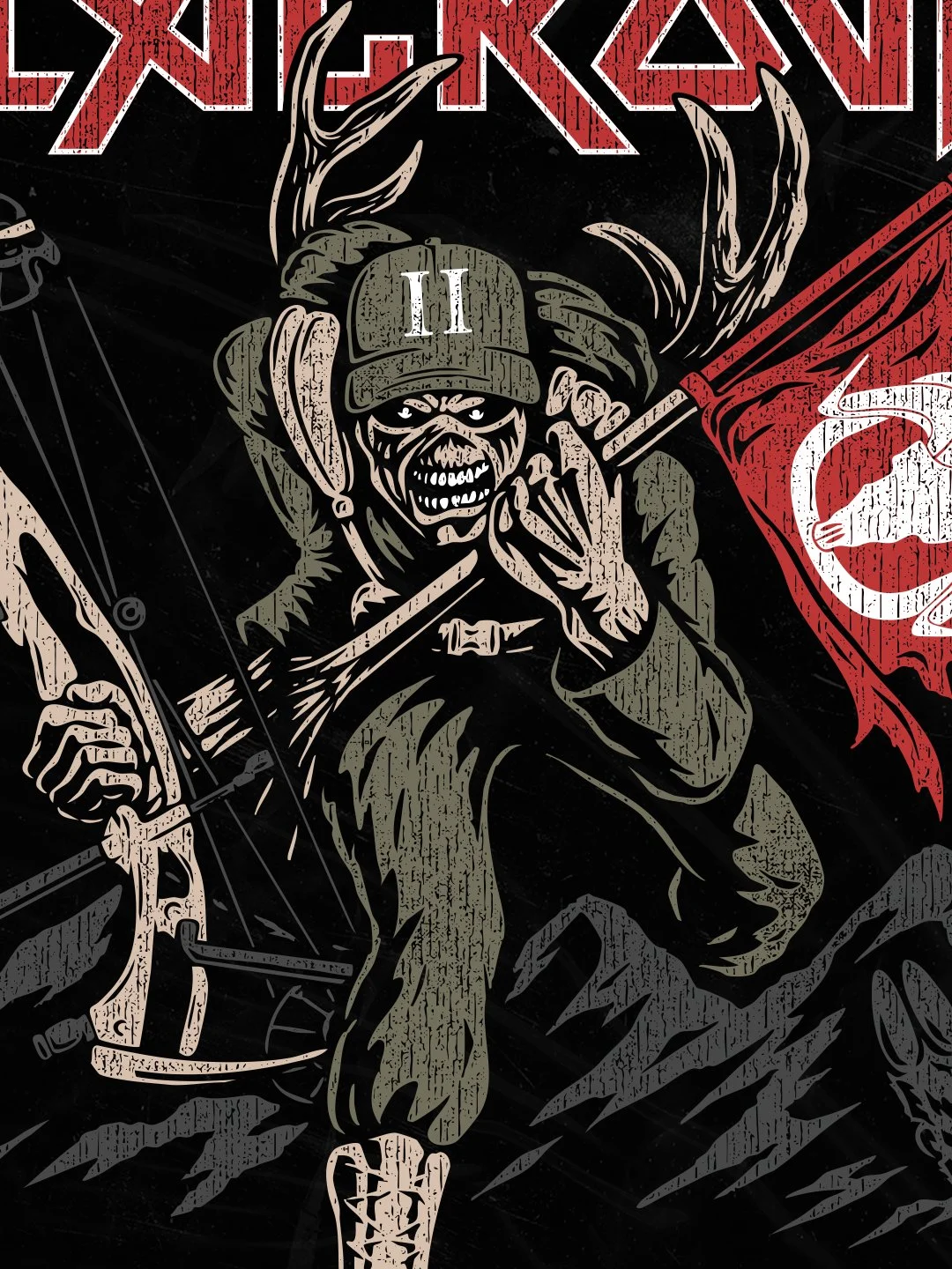 Close-up of custom illustrated bowhunter carrying mule deer antlers for BlackOvis apparel graphic.