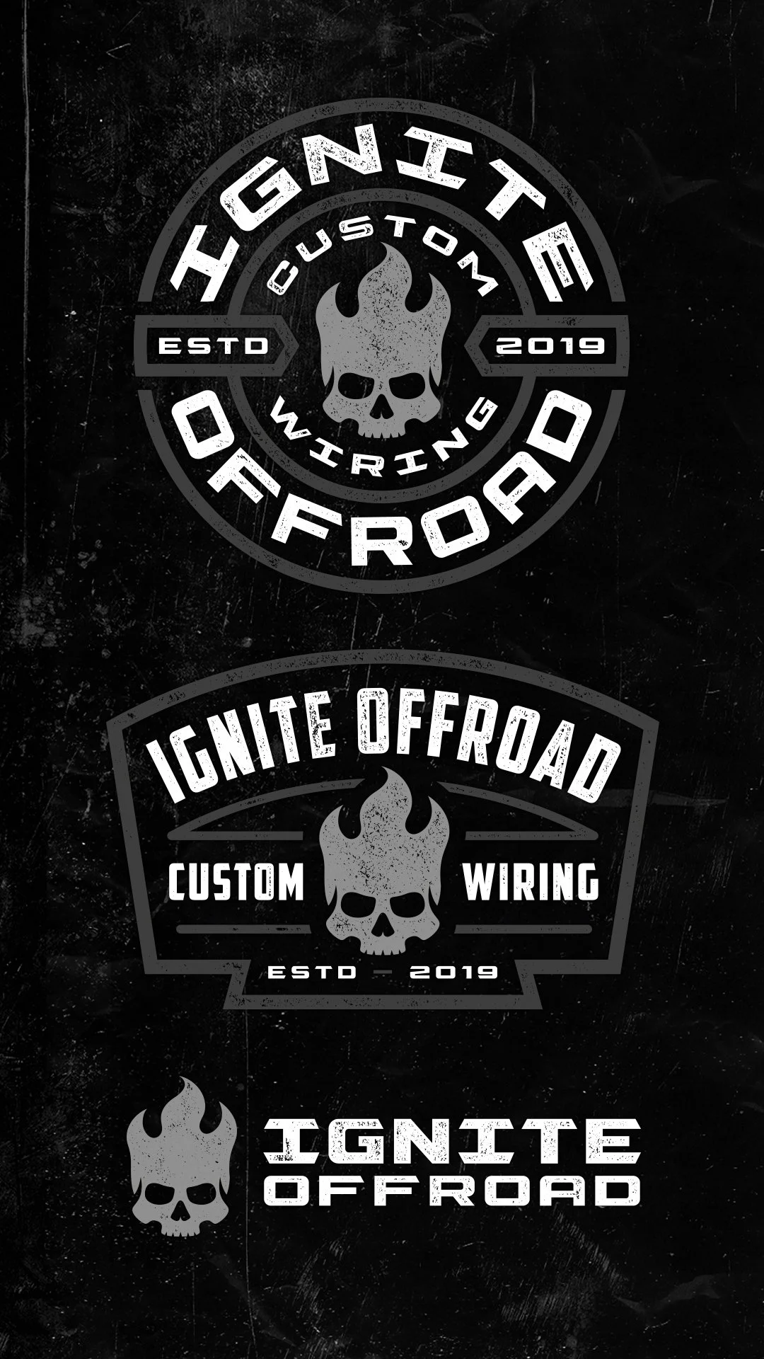 Ignite Offroad complete logo suite featuring custom flame skull icon with primary badge, secondary badge, and horizontal off-road branding