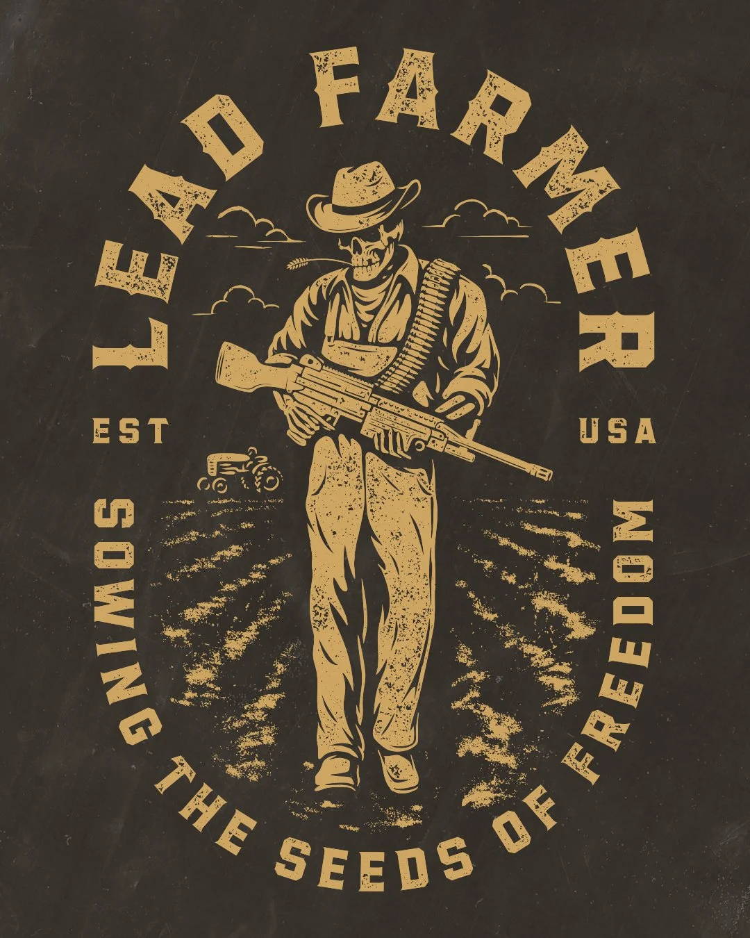 Western-inspired apparel graphic featuring illustrated skeleton farmer artwork and custom typography for The Grind Athletics.
