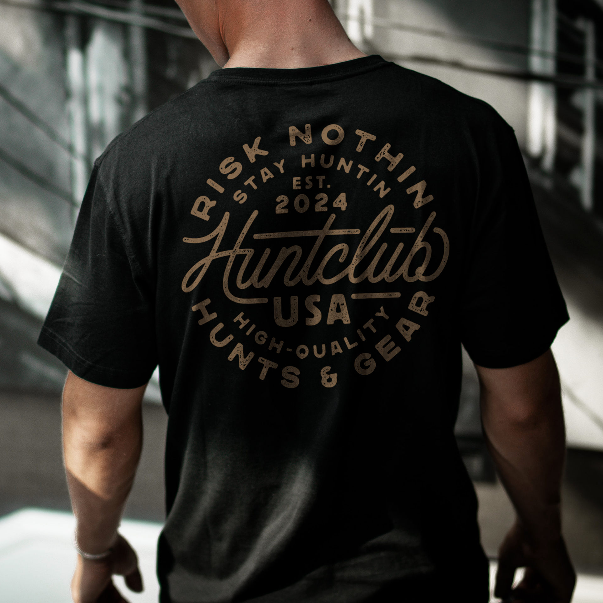 Back graphic hunting apparel design for Huntclub USA featuring custom typography and vintage badge logo layout.