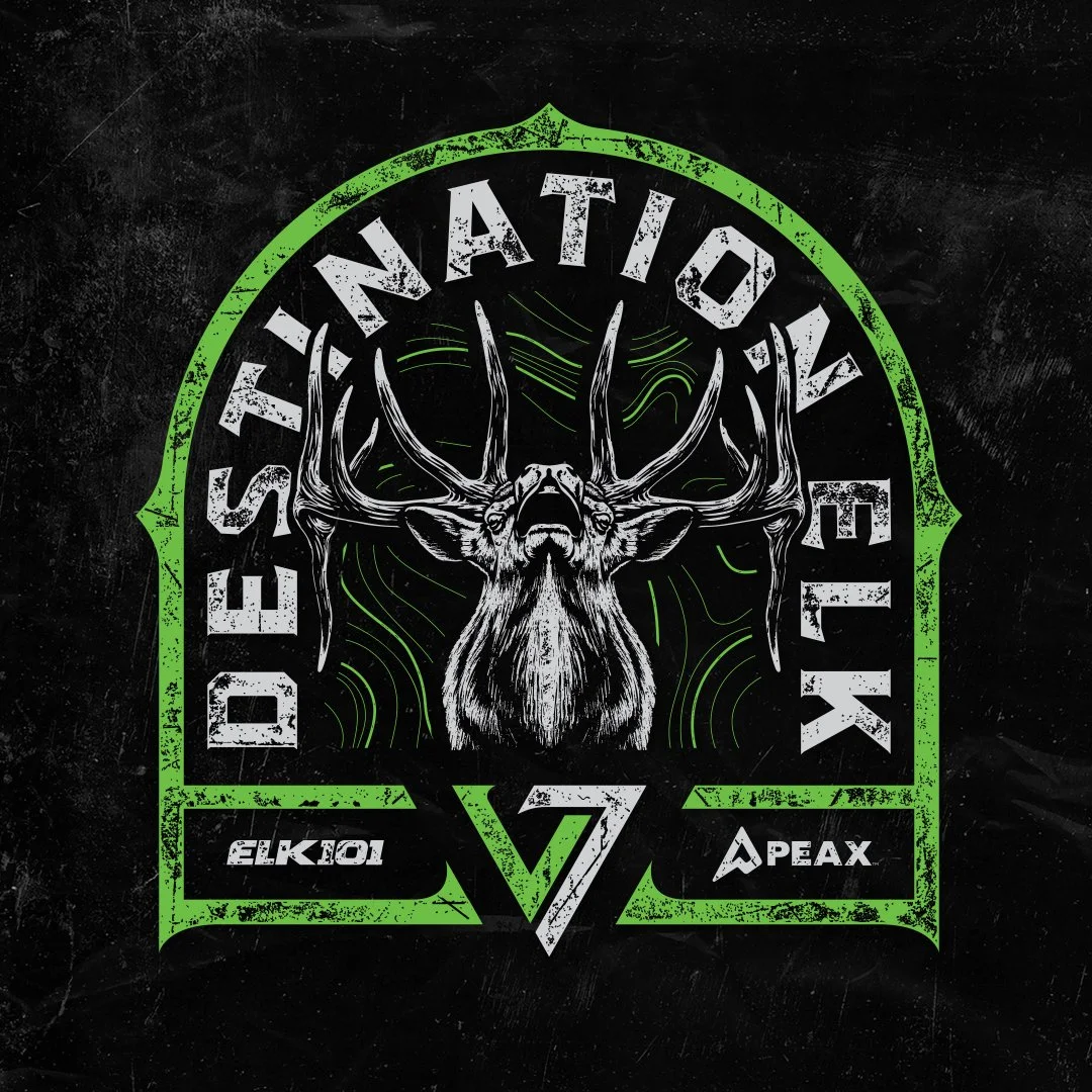 Destination Elk V7 collaboration graphic with PEAX Equipment featuring bugling elk illustration.