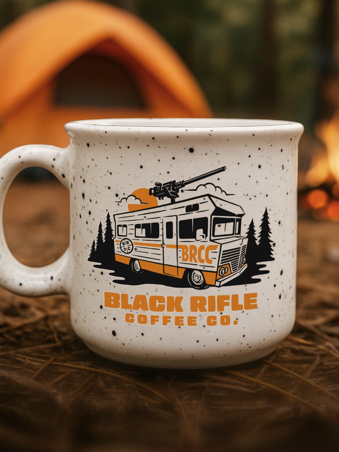 Rigged & Ready RV illustration on ceramic coffee mug – outdoor merch design for Black Rifle Coffee Co. by Dristy Design.