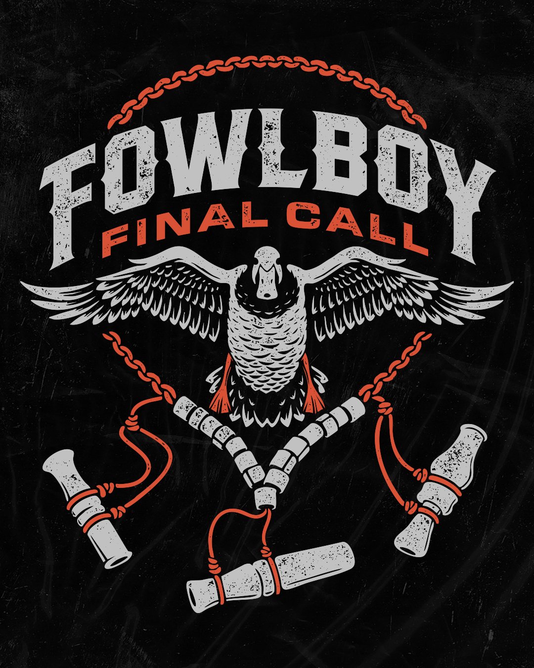 Custom waterfowl hunting apparel graphic featuring a flying goose above a duck call lanyard with hunting calls and gritty vintage textures.