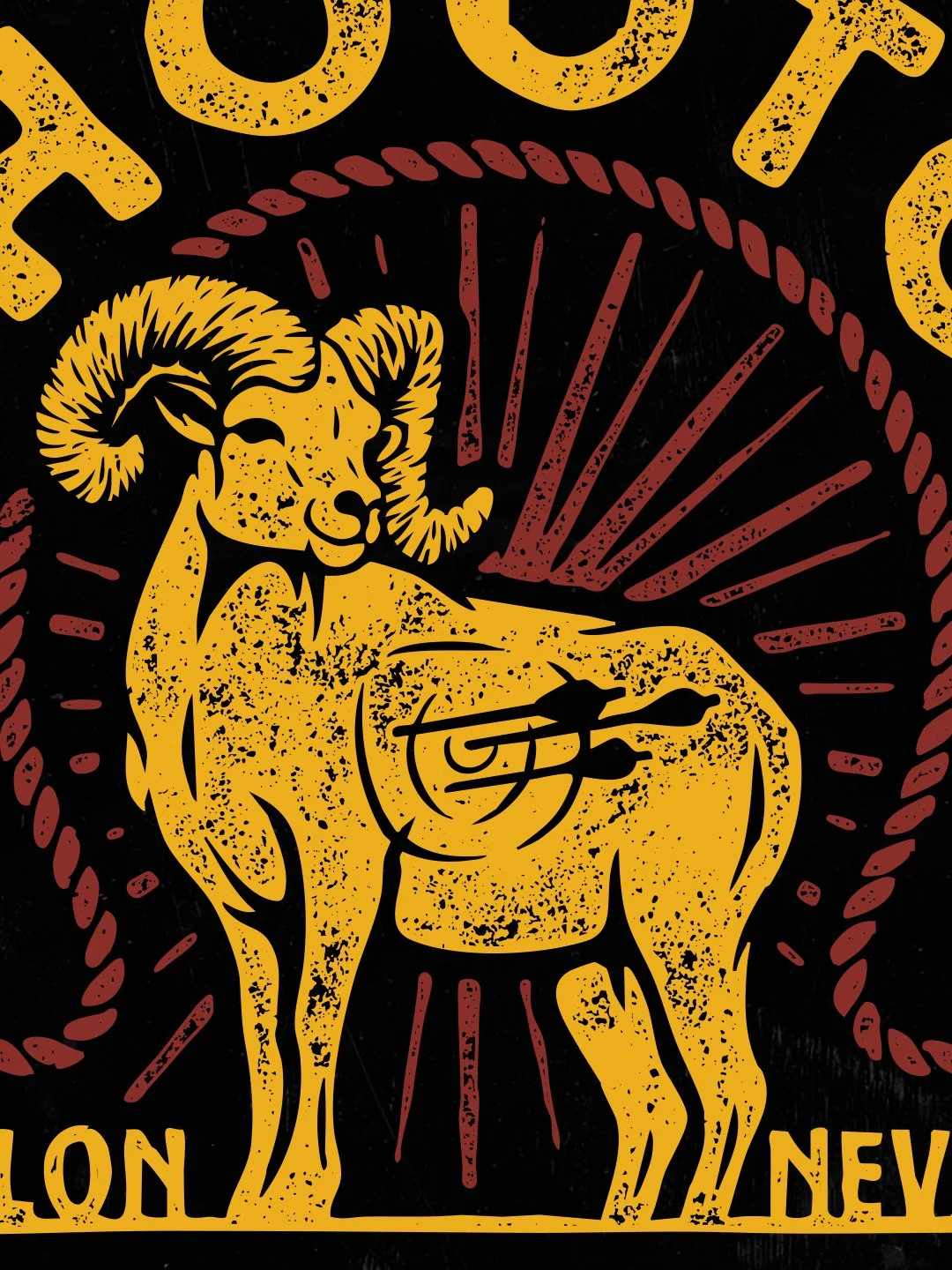 Close-up detail of hand-drawn ram illustration used in western archery tournament apparel graphics for Fallon Bowmen