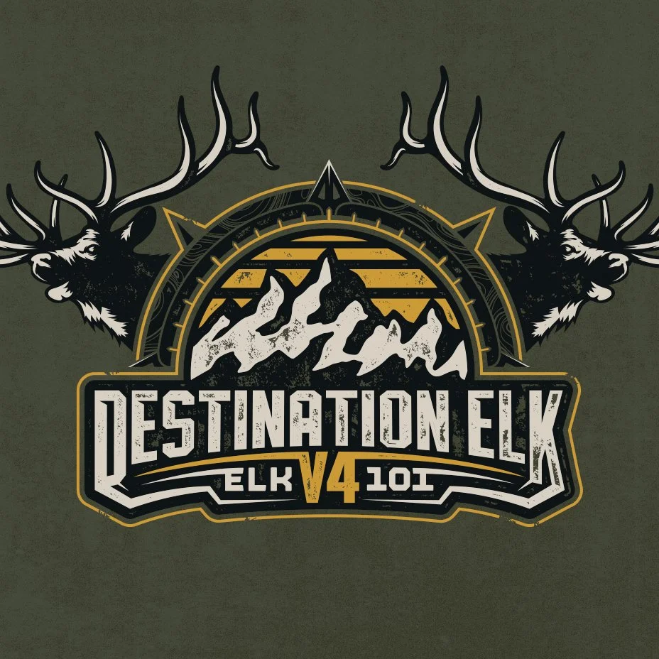 Destination Elk V4 apparel graphic design with two elk heads, mountains, and distressed typography.