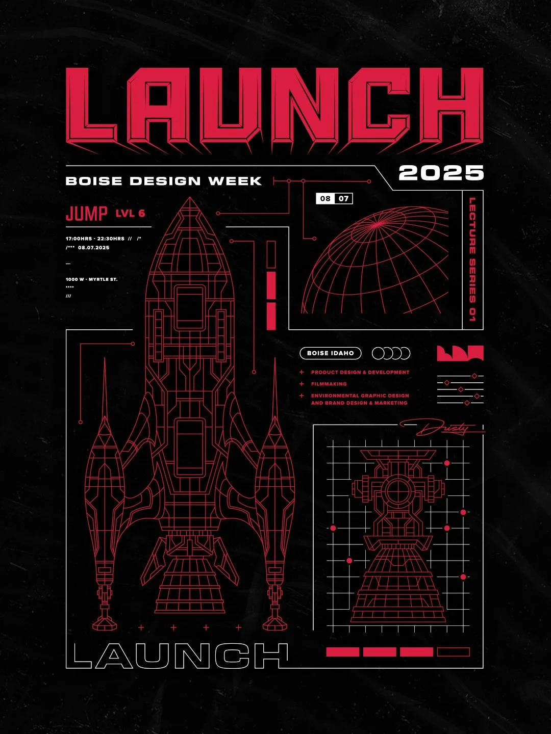 Custom Boise Design Week Launch event t-shirt design featuring futuristic typography, spacecraft illustration, technical graphics, and sci-fi inspired layout.