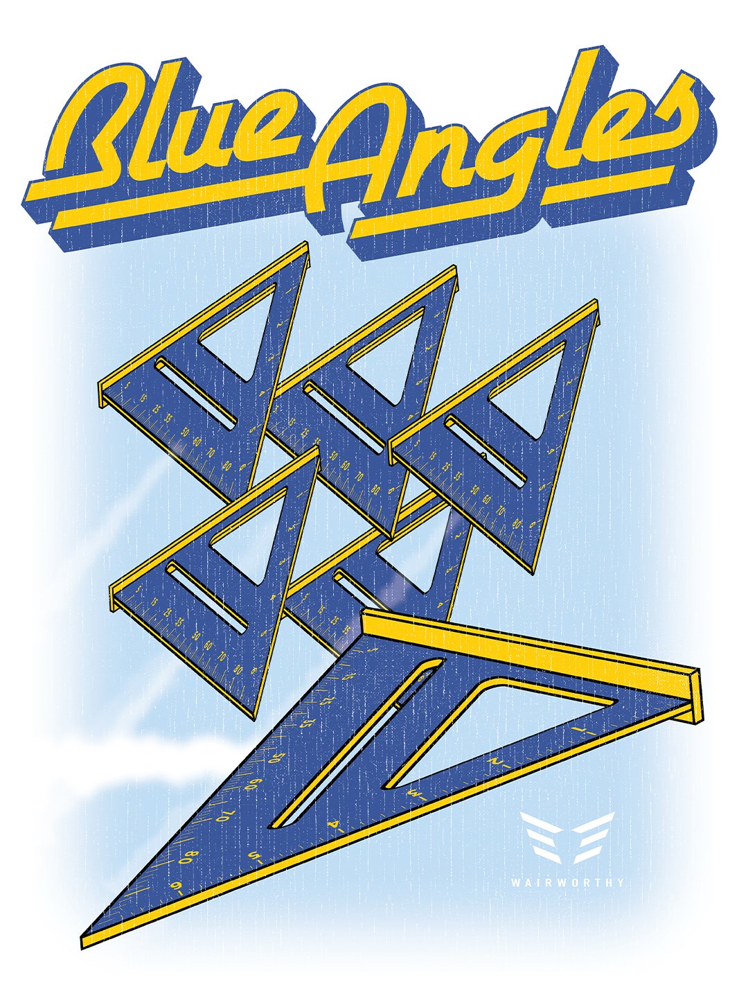 Aviation apparel graphic inspired by the Blue Angels featuring illustrated drafting triangles and retro aviation typography.