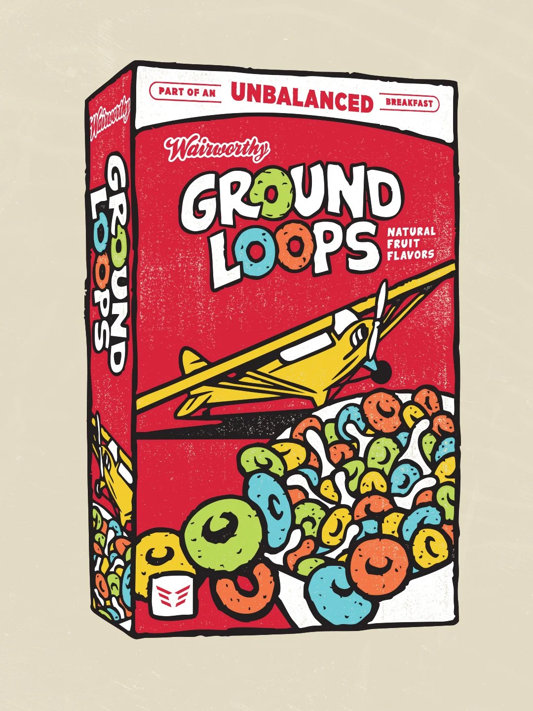 Cereal box parody aviation graphic featuring illustrated aircraft, custom lettering, and colorful retro packaging-inspired artwork.