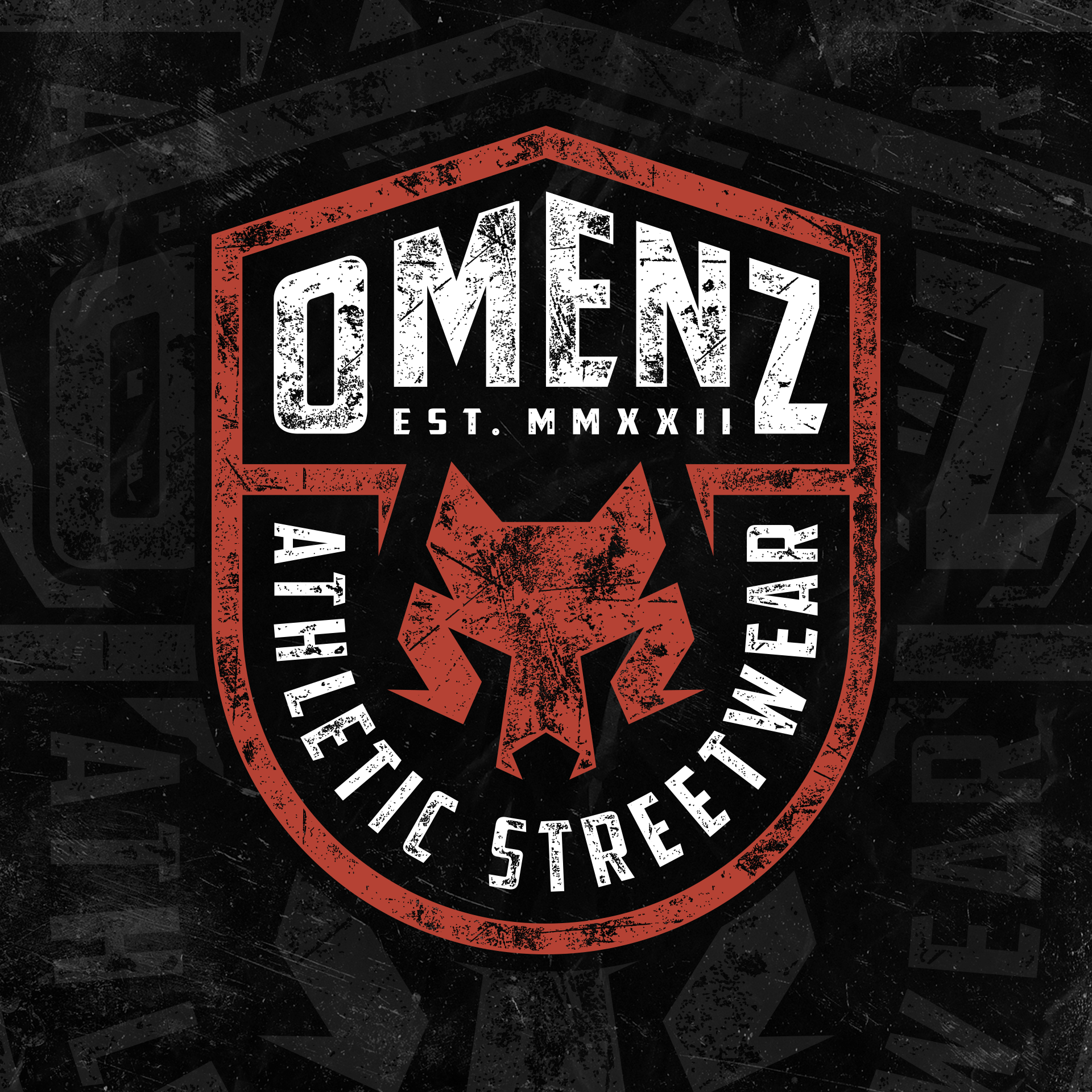Custom badge logo design for Omenz Athletic Streetwear featuring a geometric wolf icon and distressed typography.