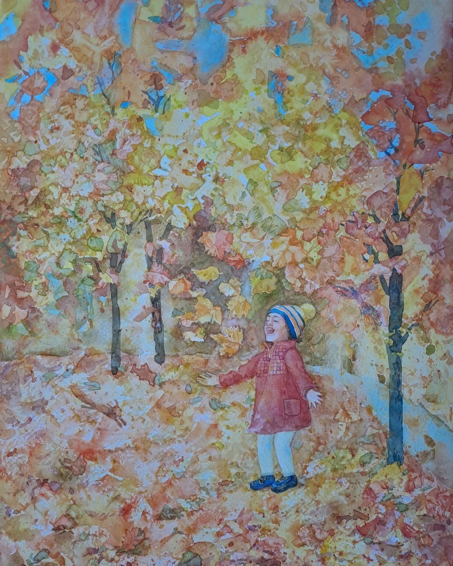 Color,  fantasy, joy and play! When I need a dose of uplifting I picture this moment of me and leaves in the park that was an inspiration for this painting!
#watercolorautumn
#leavesinthepark 
#autumnleaves #childinthepark #happy #happywallart