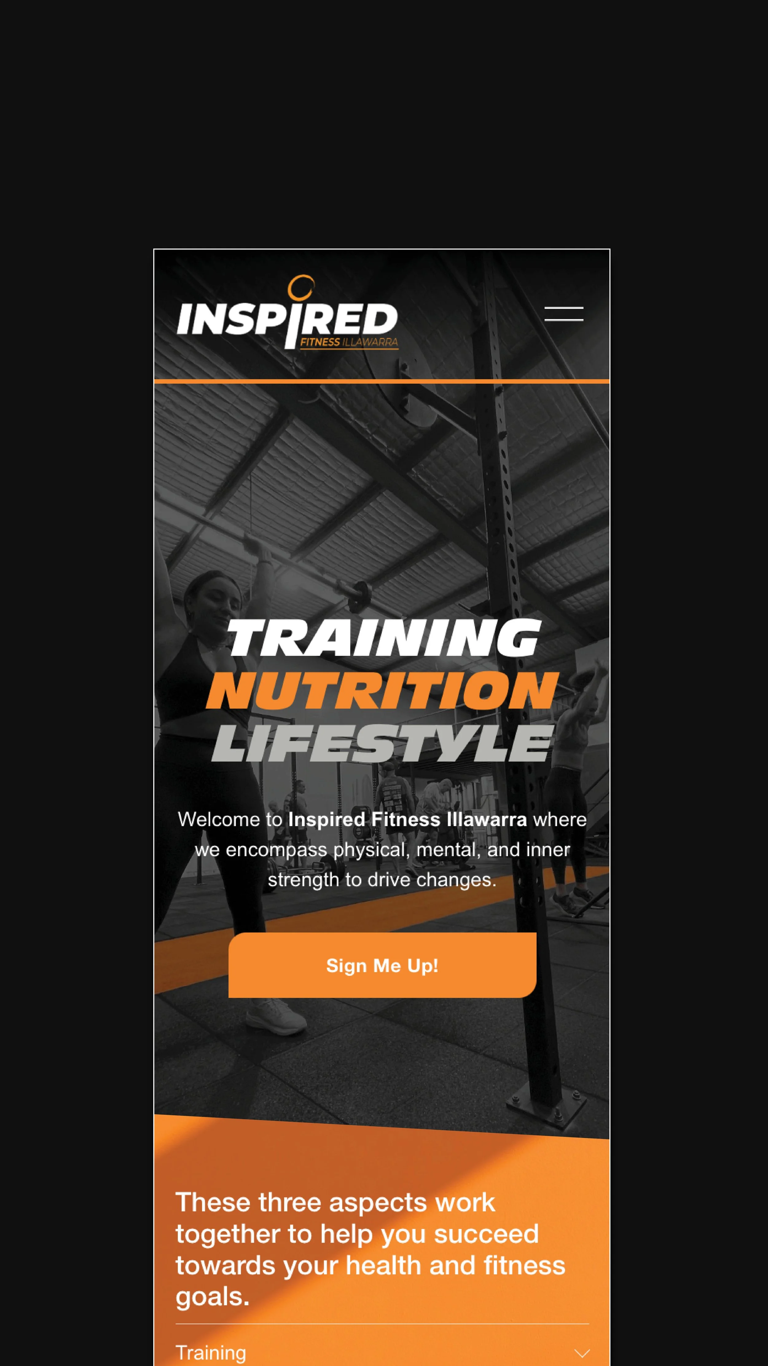 Mobile website for Inspired Fitness Illawarra featuring a black and white gym photo with a female lifting weights, and bold text promoting training, nutrition, and lifestyle.