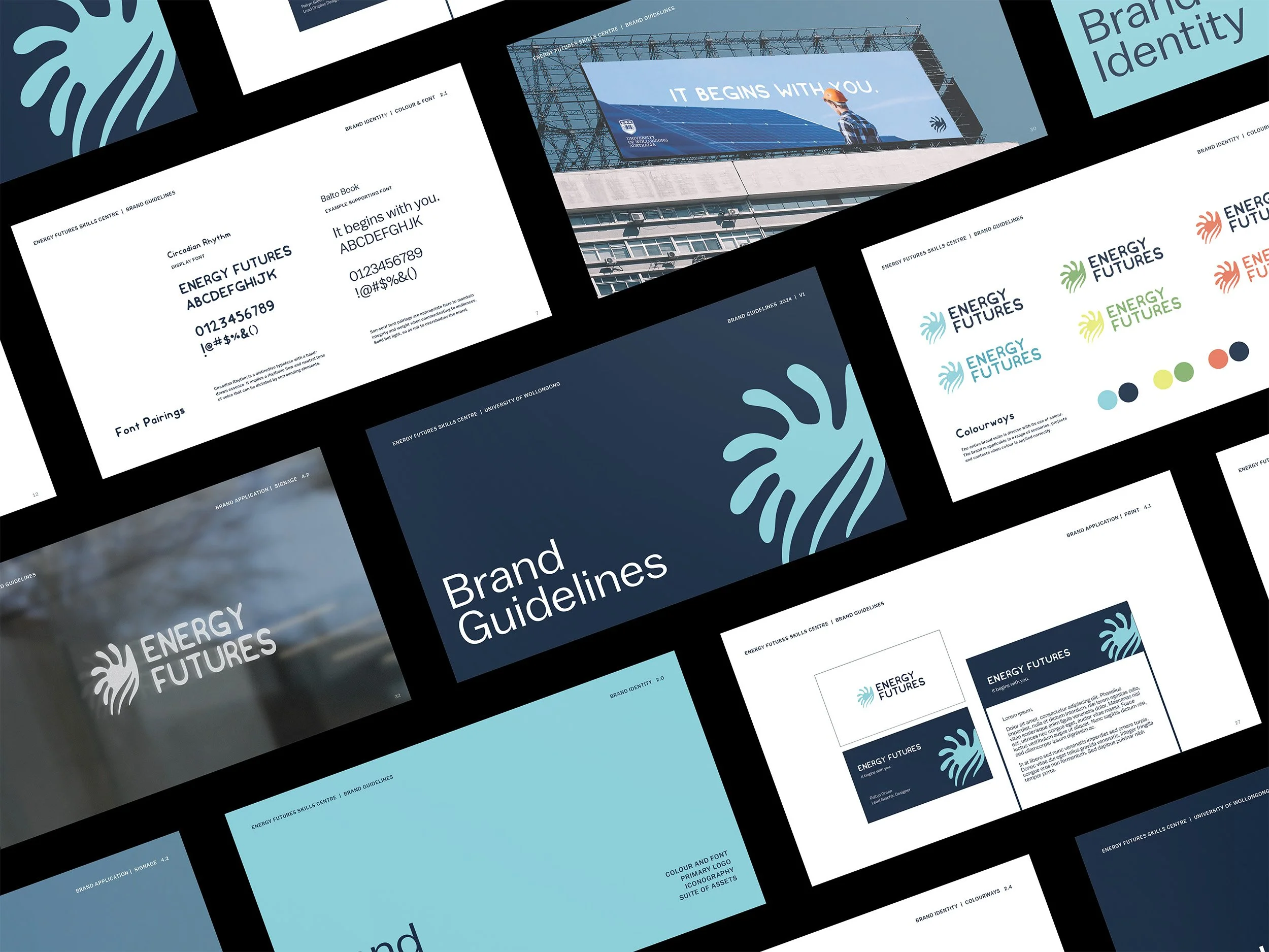 A collage of brand guideline documents, featuring the Energy Futures logo and branding elements, including color palettes, fonts, and sample layouts.