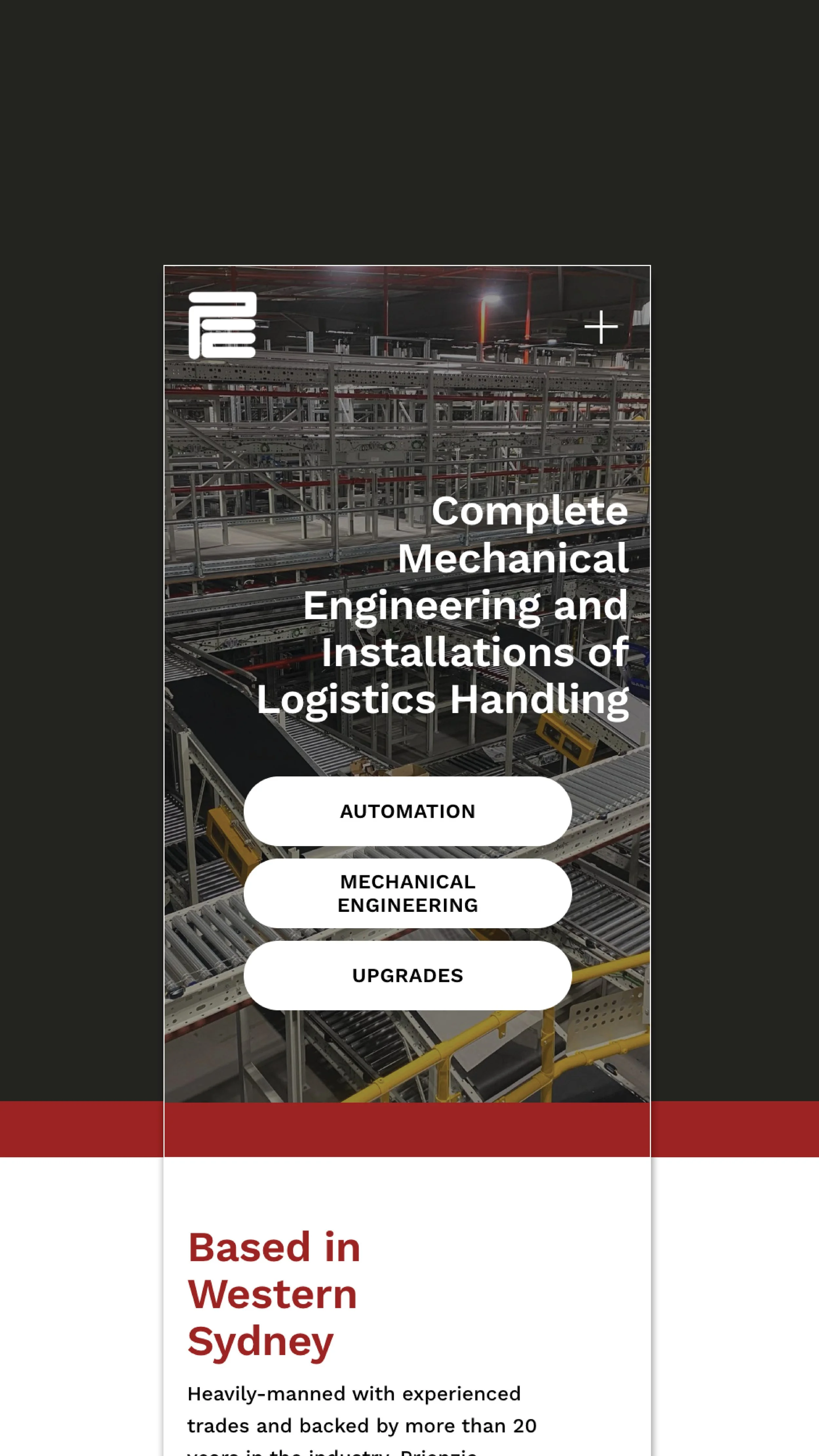 Mobile app screen showing engineering and logistics handling services with options for automation, mechanical engineering, and upgrades, featuring a background image of industrial conveyor belts and equipment.
