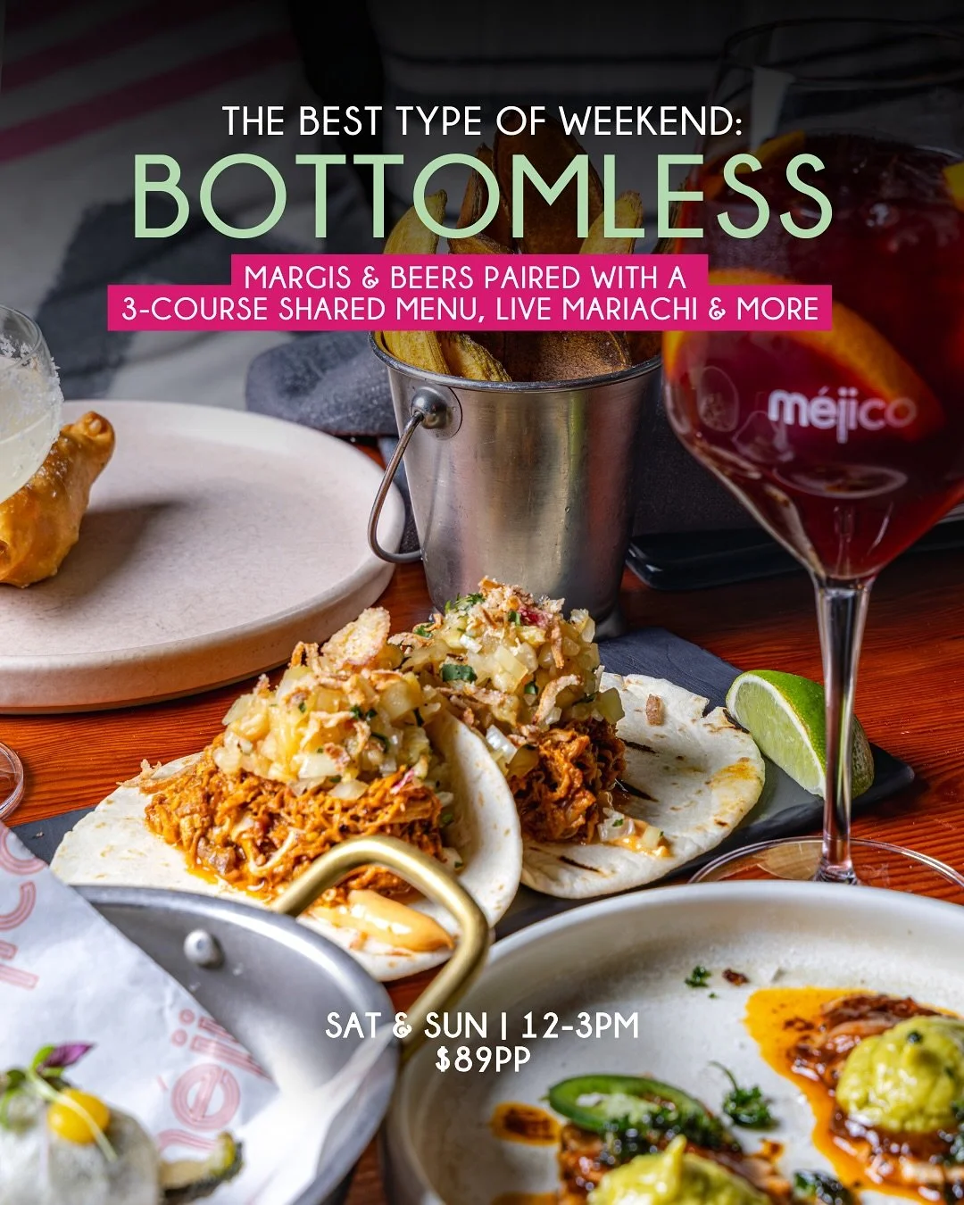 Bottomless Weekends at Mejico 🌮 A feast including table-smashed guac, tacos, patatas bravas and 90 minutes of margarita jugs and beers rolling out all afternoon. 

Join us Saturday, or come Sunday for a side of live mariachi from 1pm

#mejicosydney 