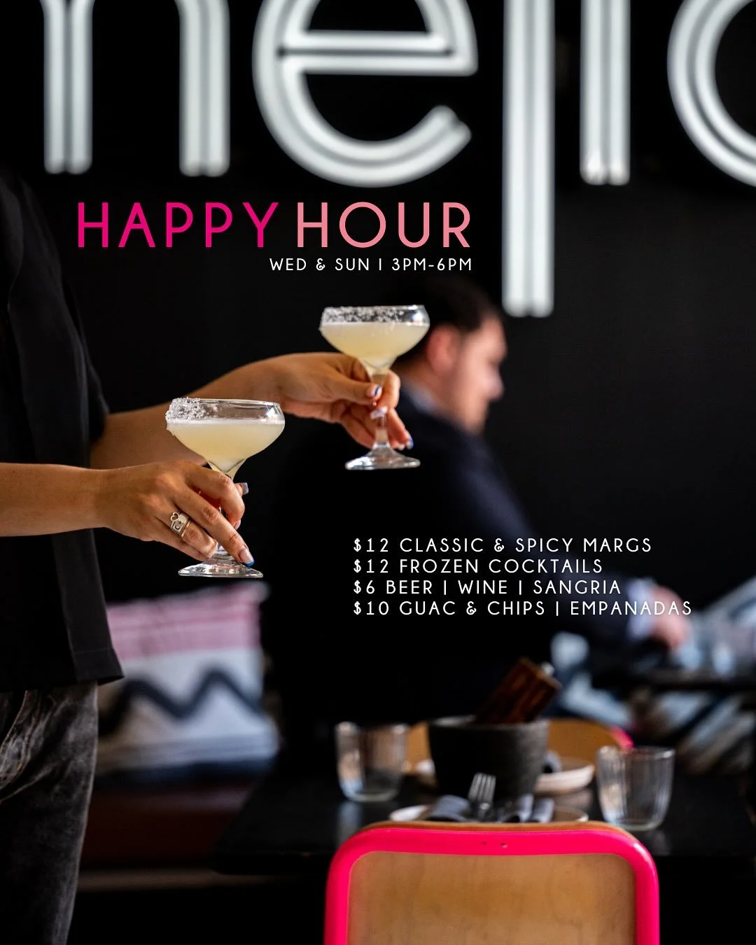 Kick back at Happy Hour, every Wednesday to Sunday from 3&ndash;5pm. Sip $12 margaritas (classic, spicy or frozen), $6 wines and beers and snack on $10 guac or empanadas. The perfect afternoon pick-me-up. 

Bring the pooch 🐶, we have outdoor seating