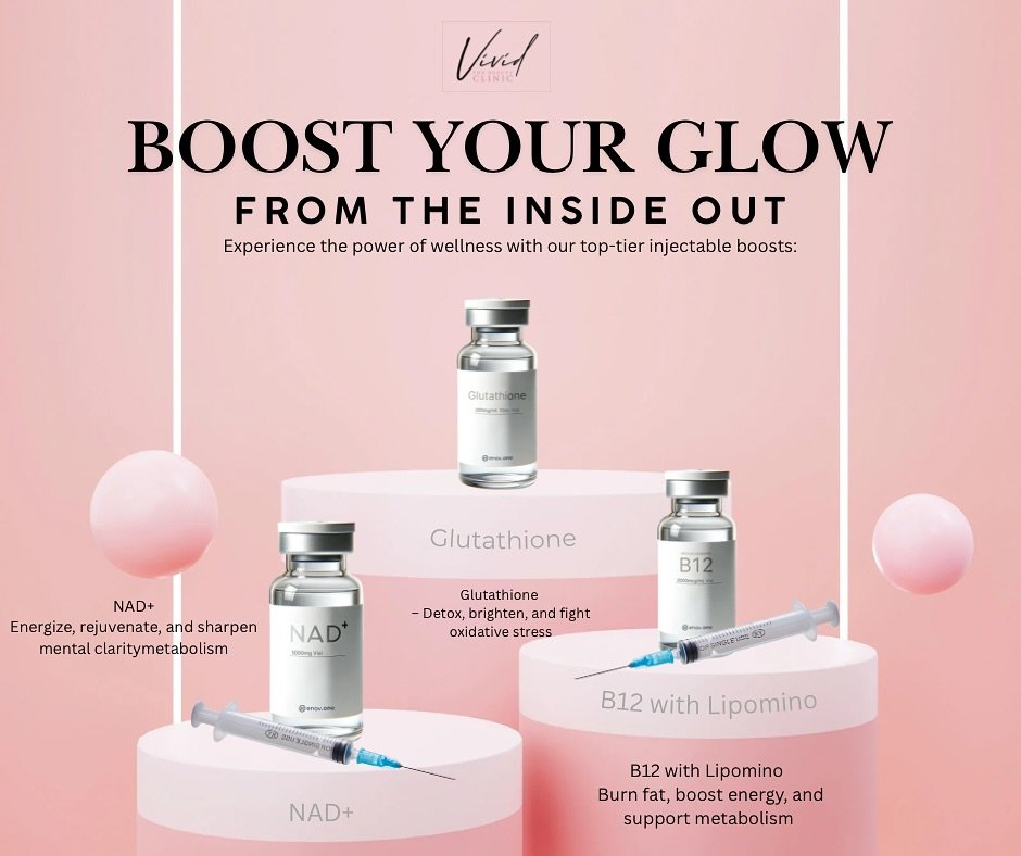 ✨ Boost Your Glow from the Inside Out ✨
Wellness starts beneath the surface. Our top-tier injectable boosts are designed to help you feel as amazing as you look:
💉 NAD+ – Energize, rejuvenate & enhance mental clarity
💉 Glutathione &ndash